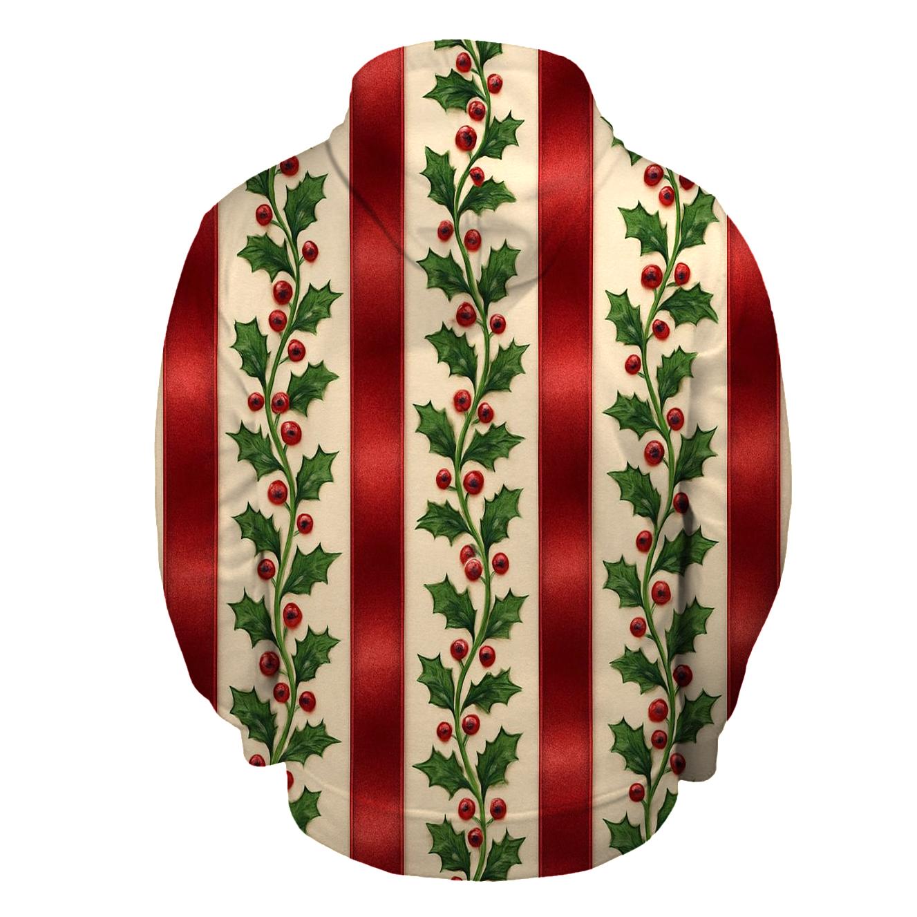 Holly Berry Ribbon Stripes On Cream lightweight hoodies