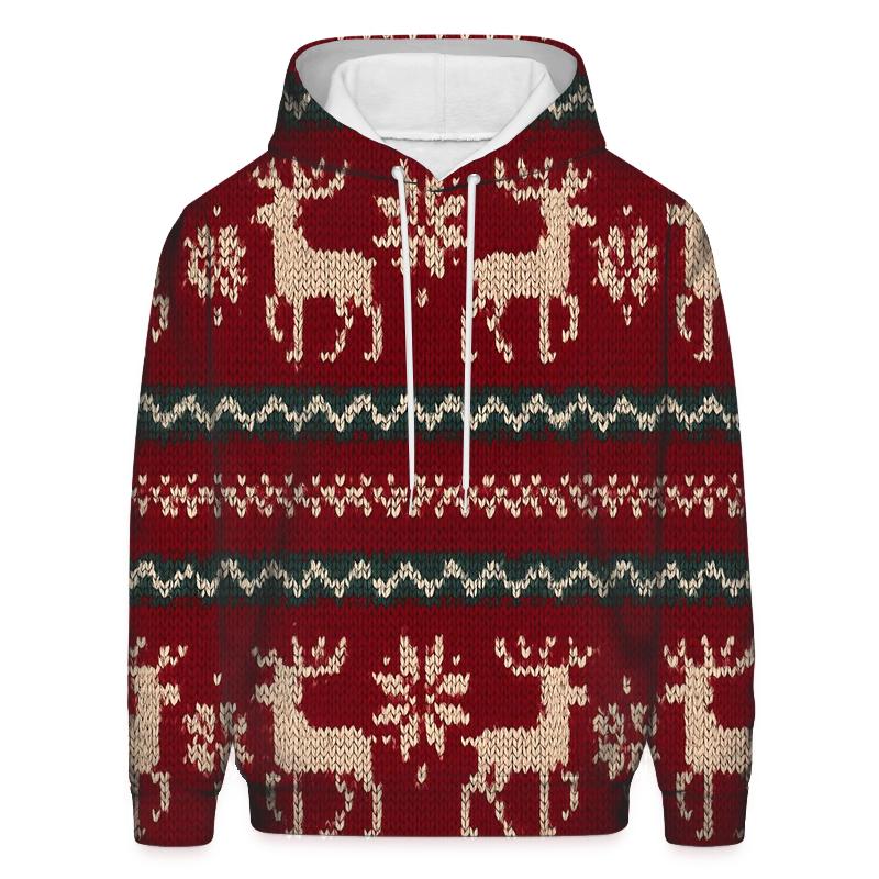 Nordic Reindeer Fair Isle Band On Deep Red premium hoodies
