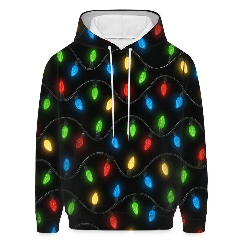 Twinkling Christmas Light Chain Spiral On Black pullover hoodies