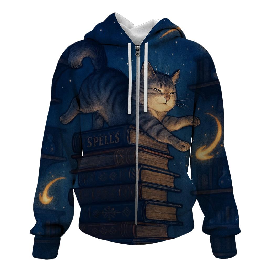 Moonlit Library Cat Dream embroidered hoodies