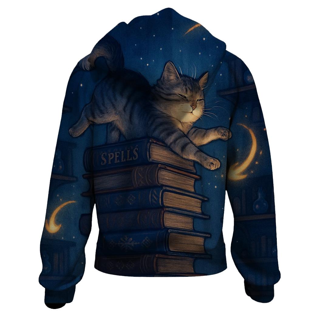 Moonlit Library Cat Dream embroidered hoodies