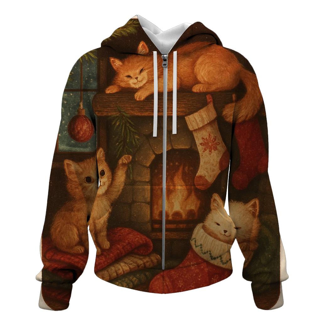 Cozy Cabin Christmas Cats zip-up hoodies