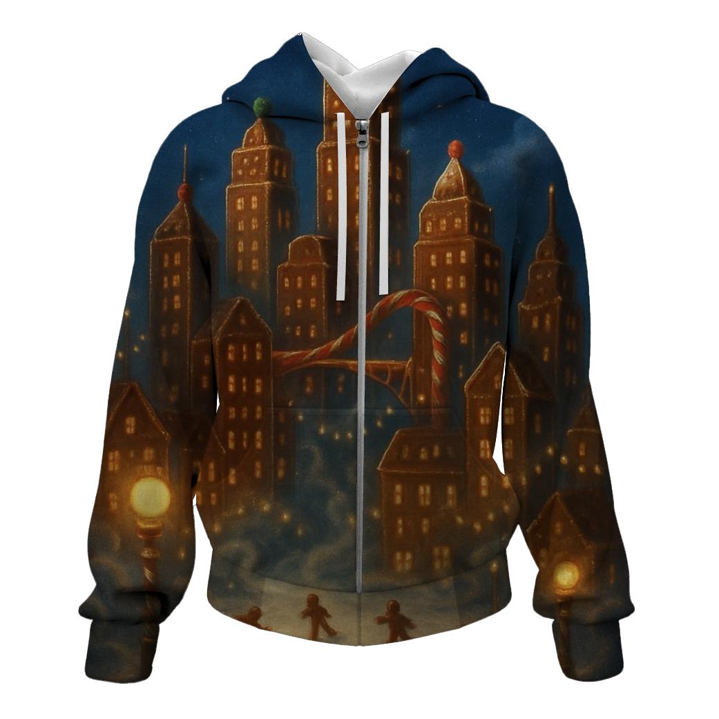 Midnight Gingerbread Cityscape embroidered hoodies