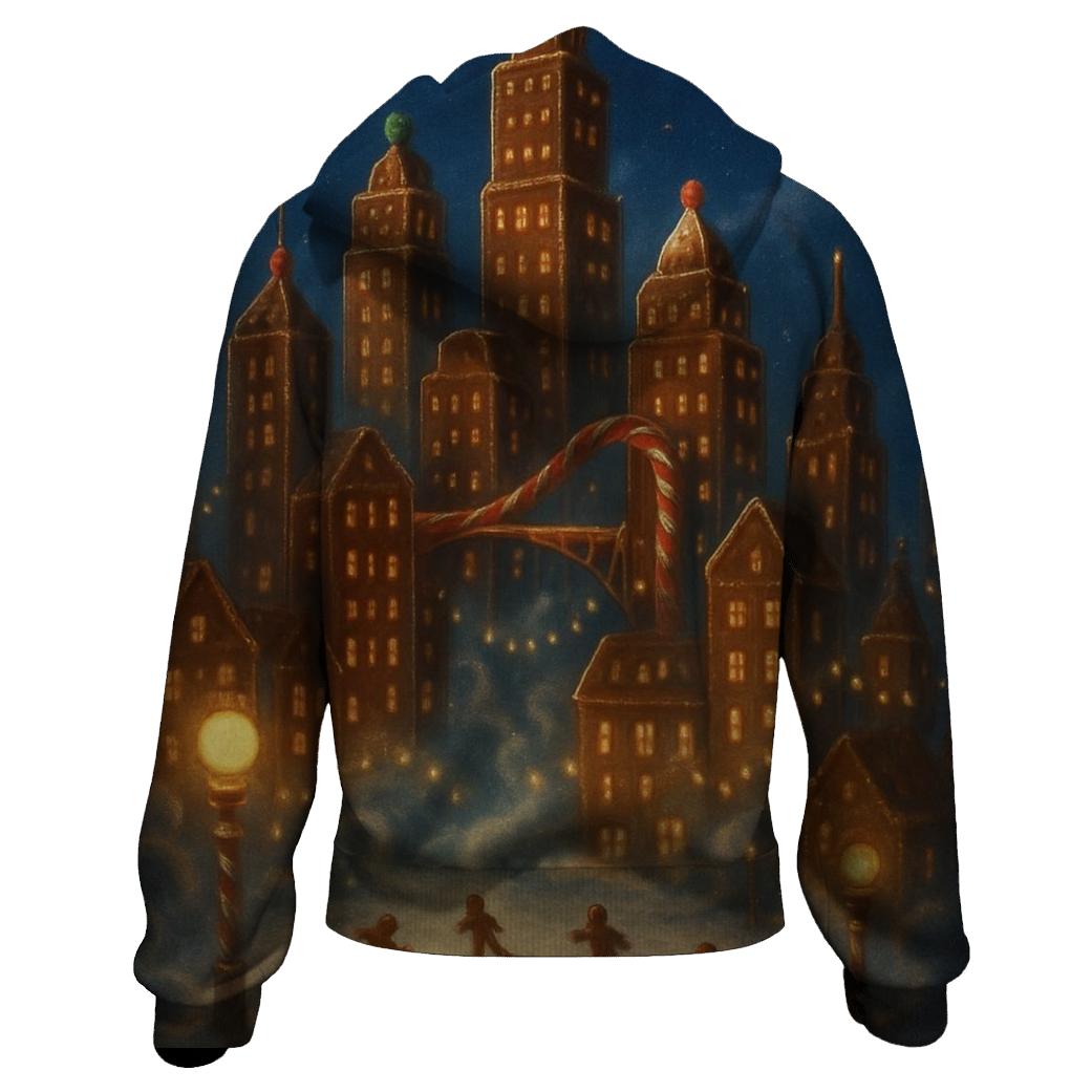 Midnight Gingerbread Cityscape embroidered hoodies
