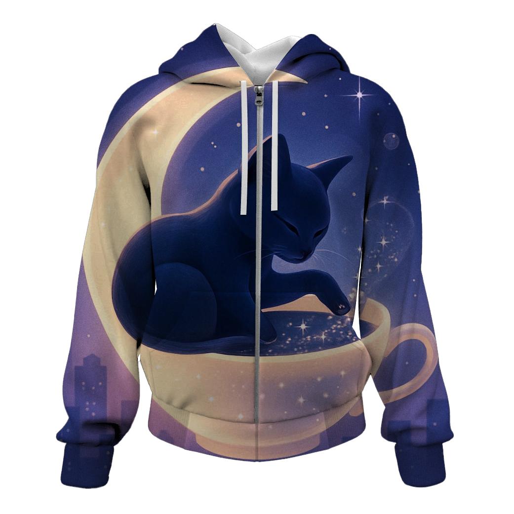 Star Tea With Crescent Cat zip-up hoodies