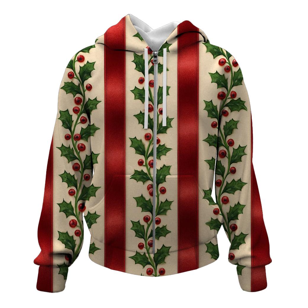 Holly Berry Ribbon Stripes On Cream designer hoodies