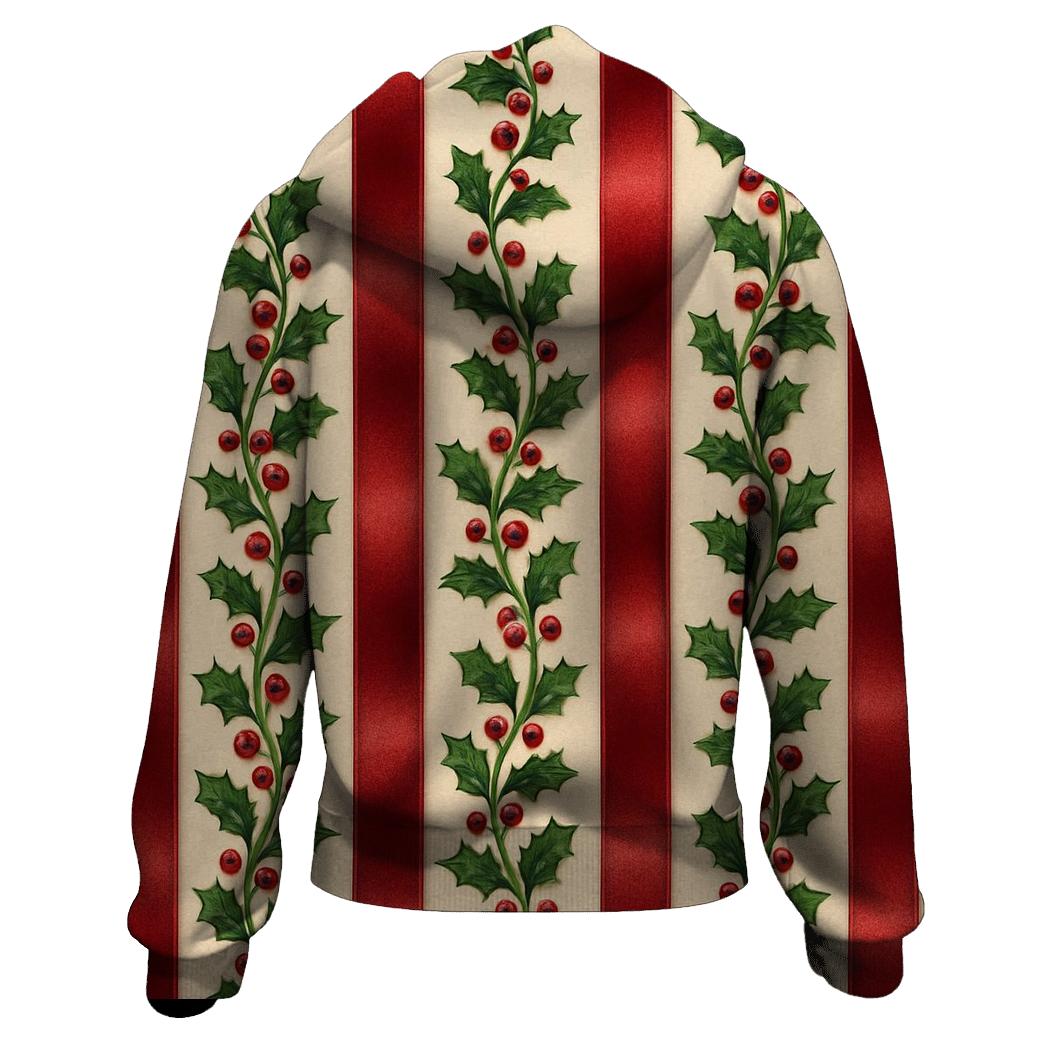 Holly Berry Ribbon Stripes On Cream designer hoodies