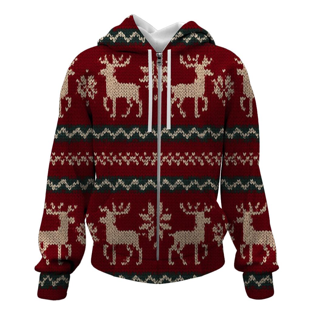 Nordic Reindeer Fair Isle Band On Deep Red custom hoodies