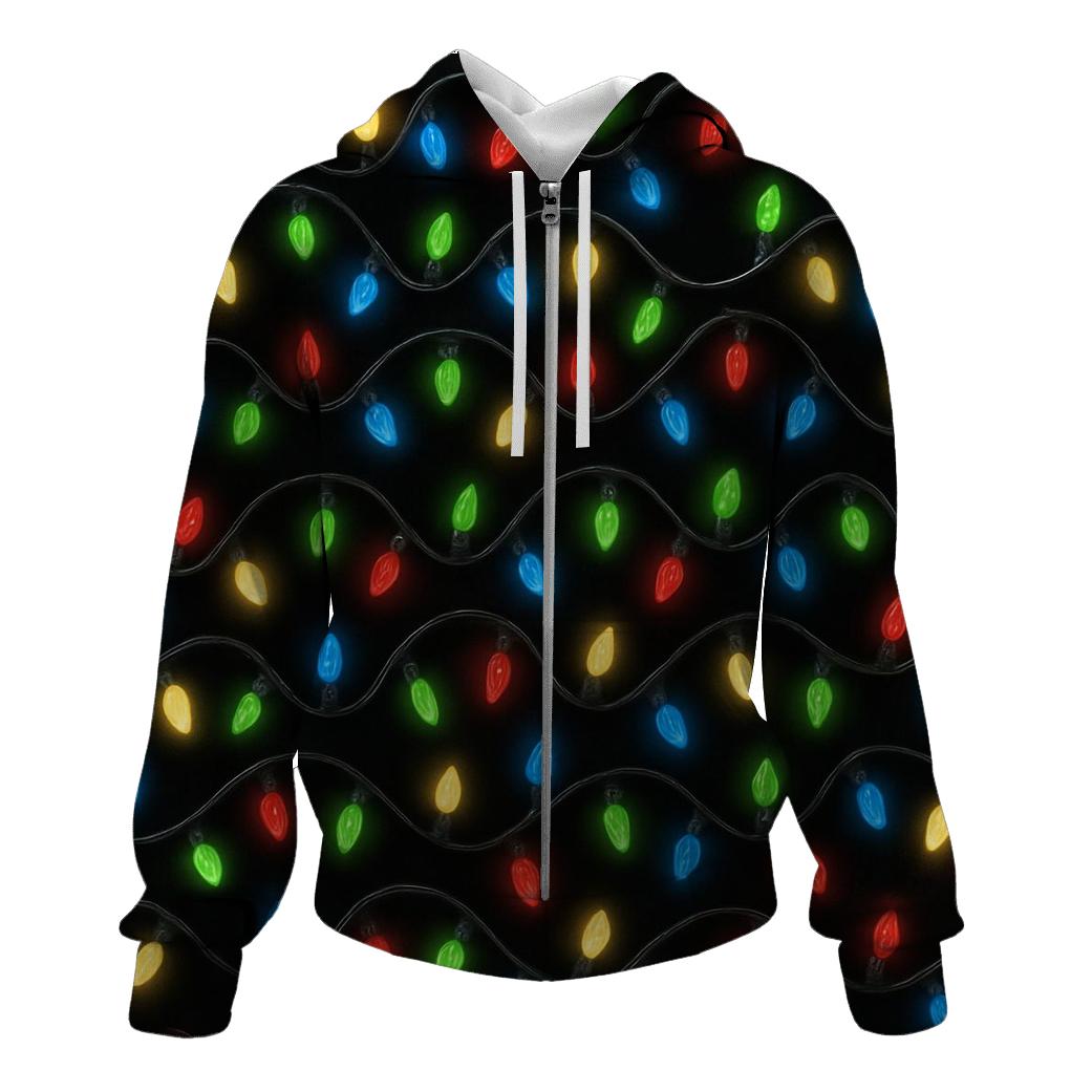 Twinkling Christmas Light Chain Spiral On Black embroidered hoodies