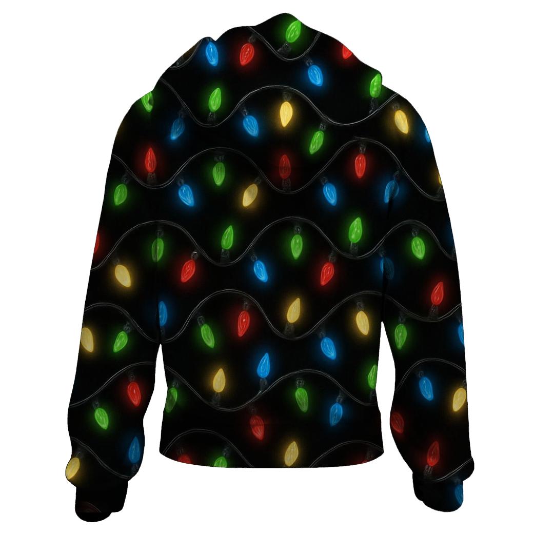Twinkling Christmas Light Chain Spiral On Black embroidered hoodies