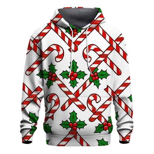 Crimson Candy Cane Diagonal Lattice On White embroidered hoodies