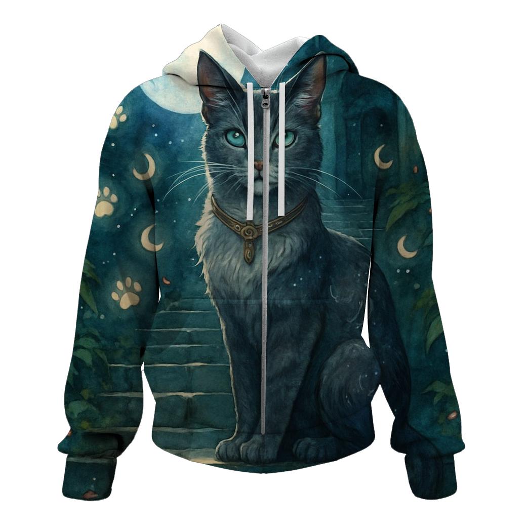 Moonlit Temple Guardian Cat zip-up hoodies