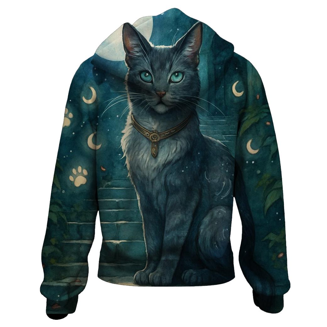 Moonlit Temple Guardian Cat zip-up hoodies