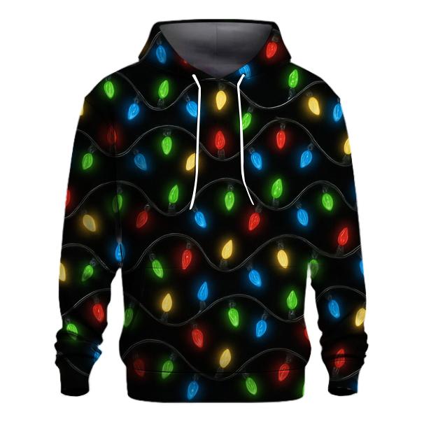 Twinkling Christmas Light Chain Spiral On Black lightweight hoodies