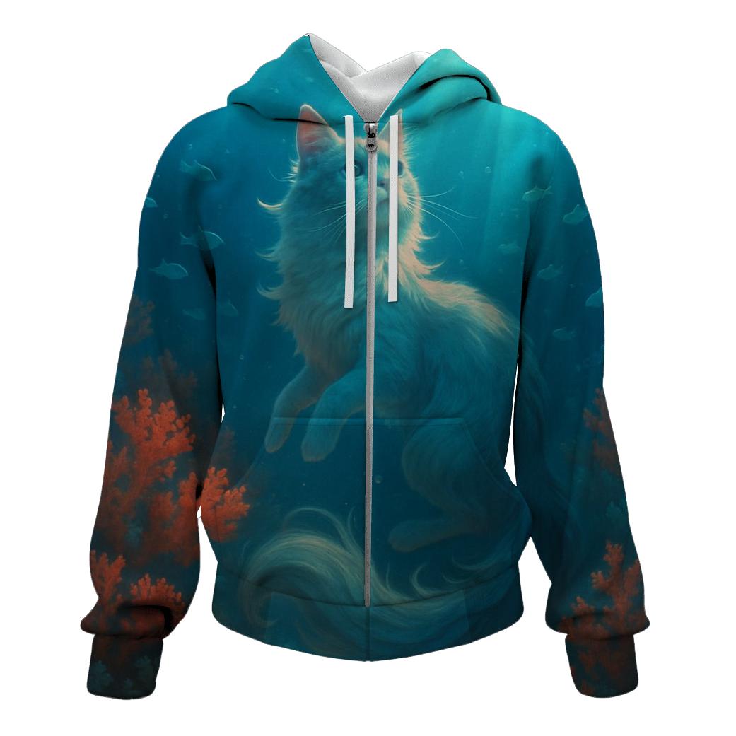 Underwater Coral Diva Cat embroidered hoodies