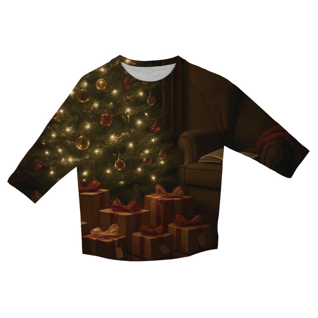 Midnight Gifts Beneath The Tree printed three quarter sleeve shirts