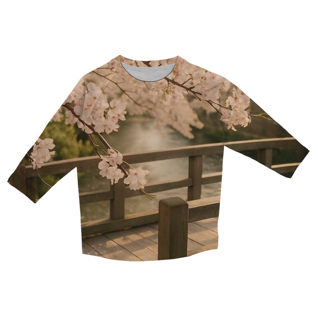 Cherry Blossoms Framing Old Wooden Bridge trendy 3/4 sleeve tops