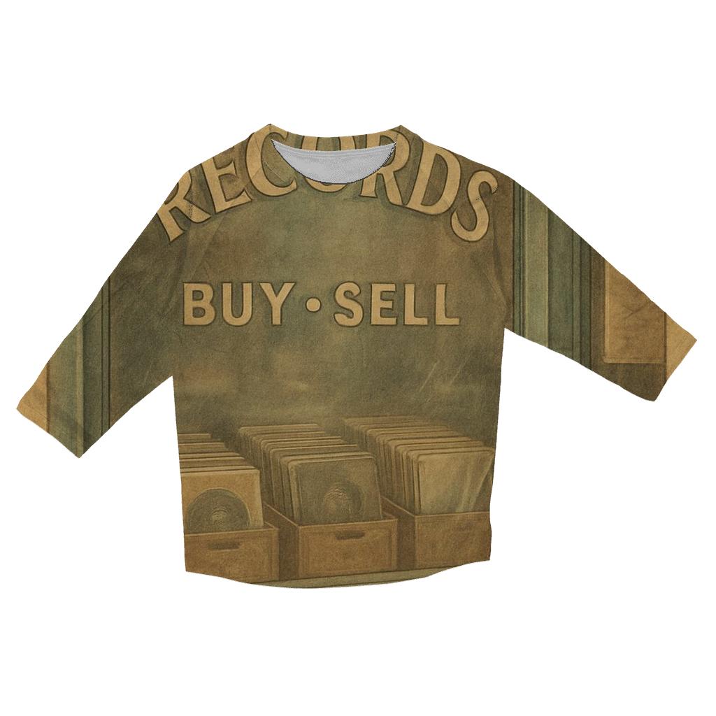 Old Vinyl Record Store Window Scene printed three quarter sleeve shirts