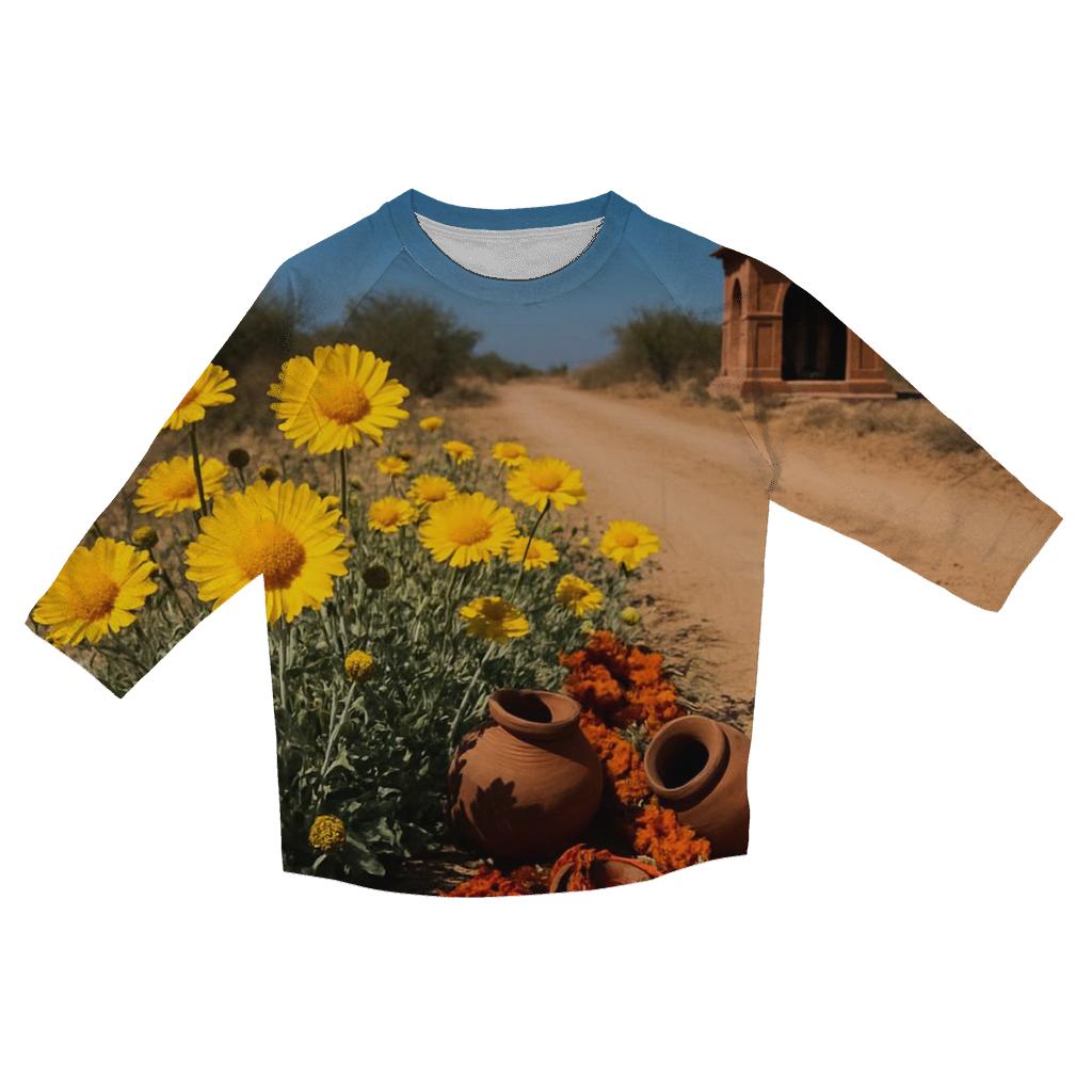 Desert Marigolds Along A Dusty Shrine Road casual three quarter sleeve shirts