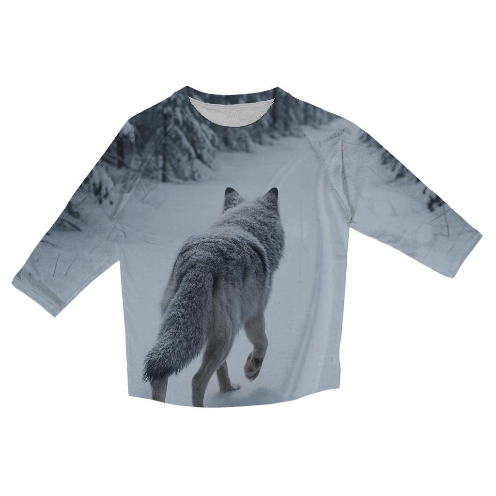 Snow Covered Wolf Trotting Along Old Ski Track designer 3/4 sleeve blouses