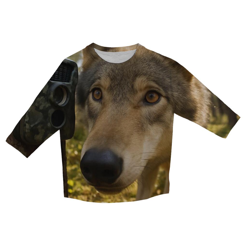 Wolf Inspecting Camera Trap In Pine Forest personalized 3/4 sleeve tees