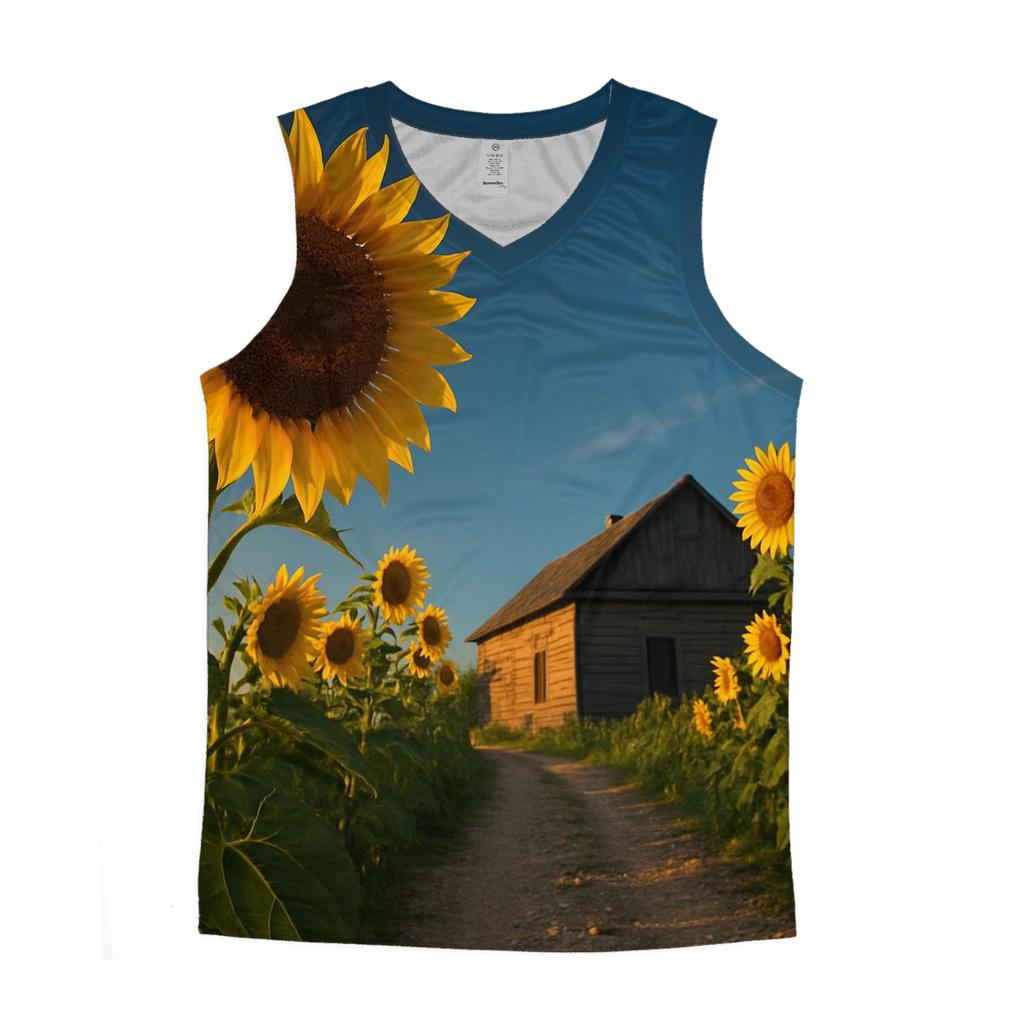 Sunflowers Guarding A Rustic Farmhouse custom tank tops