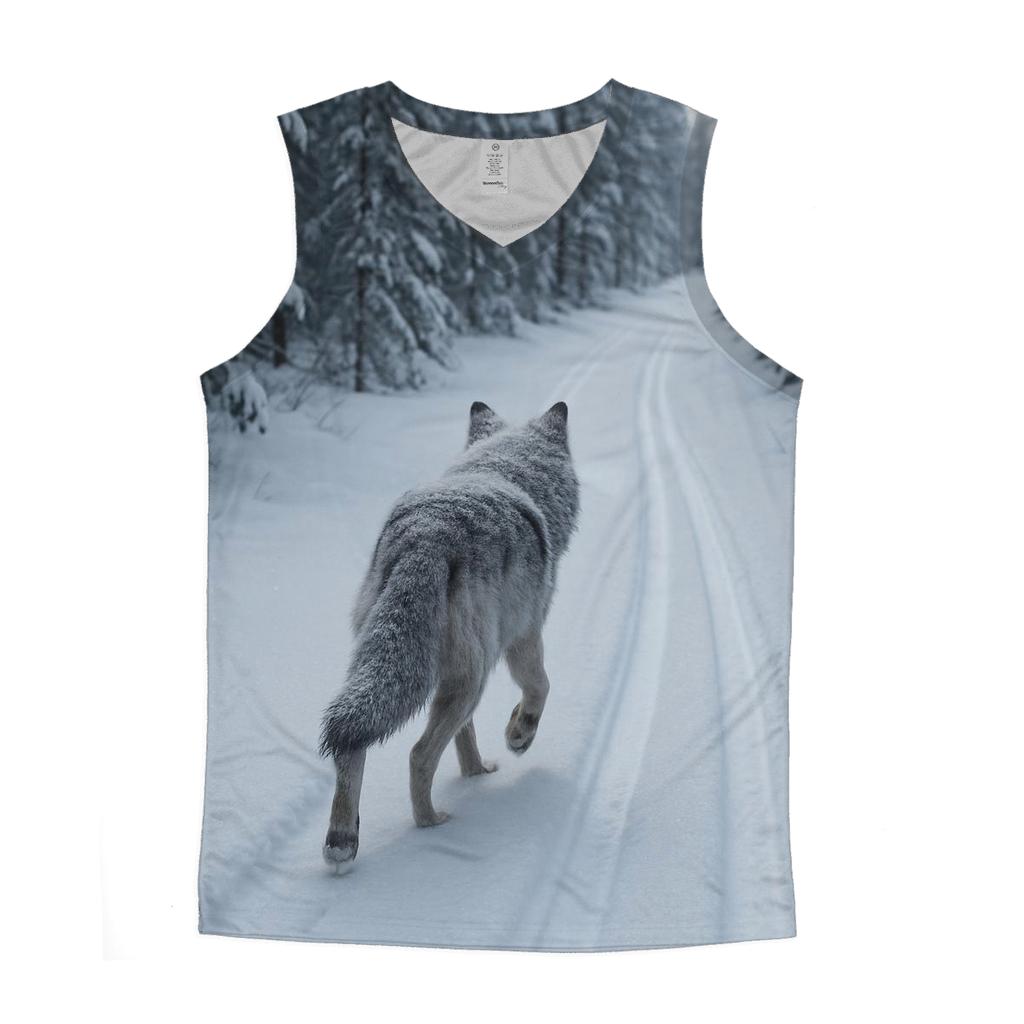 Snow Covered Wolf Trotting Along Old Ski Track cotton sleeveless tops