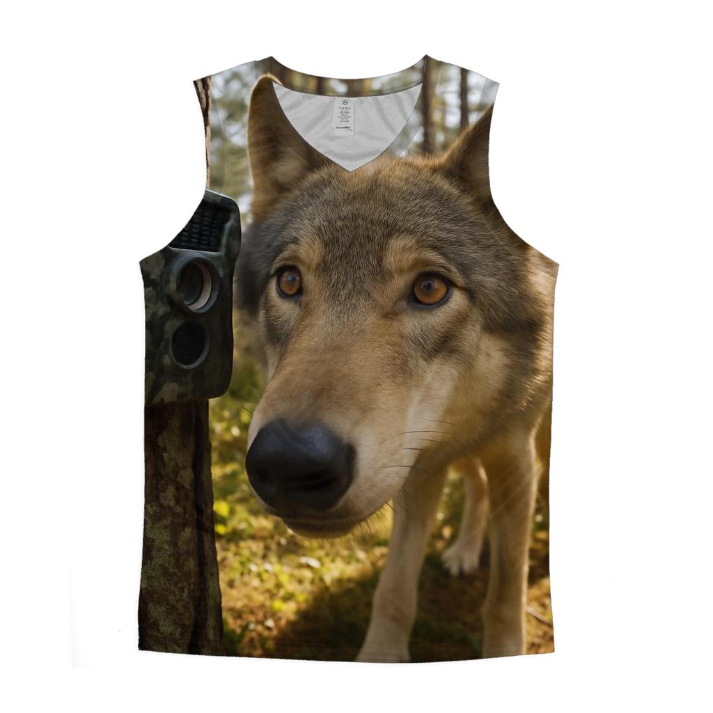 Wolf Inspecting Camera Trap In Pine Forest personalized athletic tanks