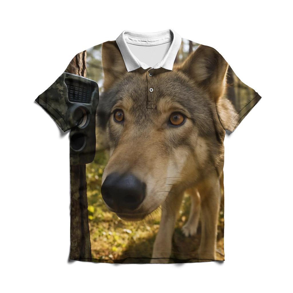 Wolf Inspecting Camera Trap In Pine Forest branded logo polo shirts