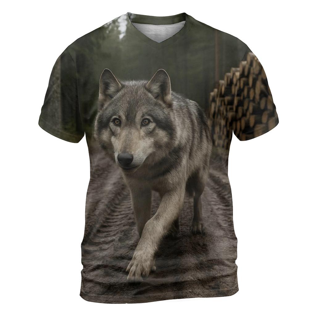 Timber Wolf Pausing At Logging Road Edge artistic all-over print tops