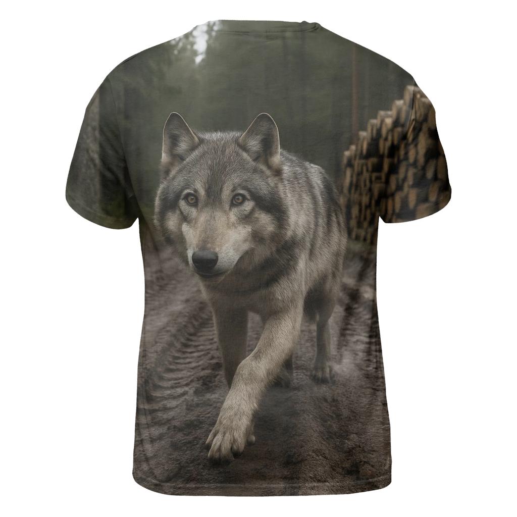 Timber Wolf Pausing At Logging Road Edge artistic all-over print tops