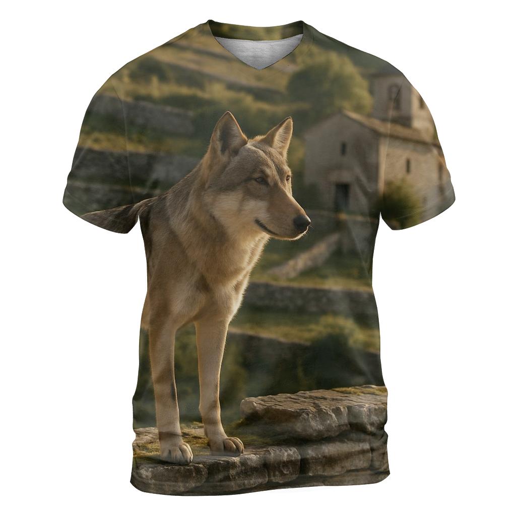 Italian Wolf At Ancient Stone Terrace trendy printed shirt styles