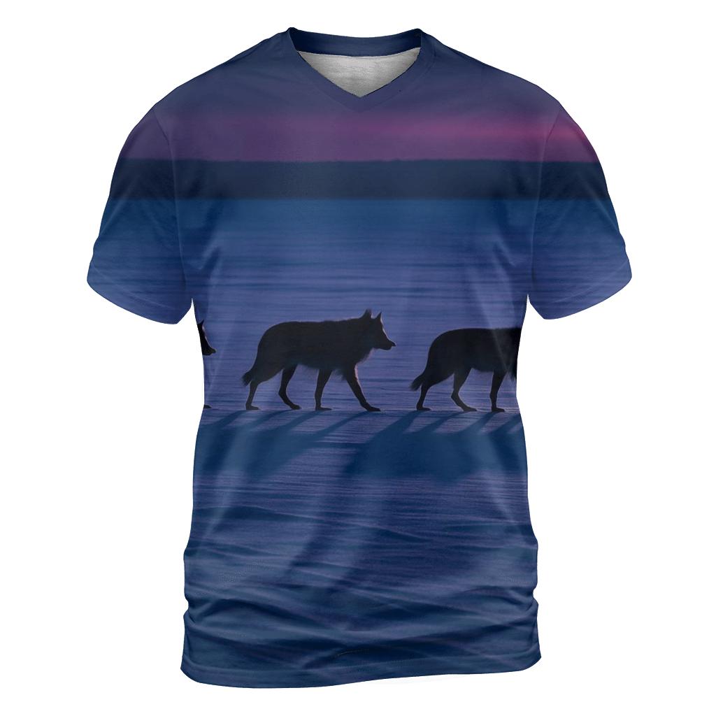Wolf Pack Crossing Frozen Lake At Blue Hour artistic all-over print tops