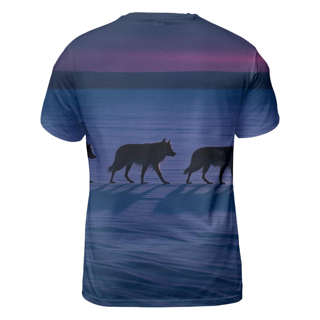 Wolf Pack Crossing Frozen Lake At Blue Hour artistic all-over print tops