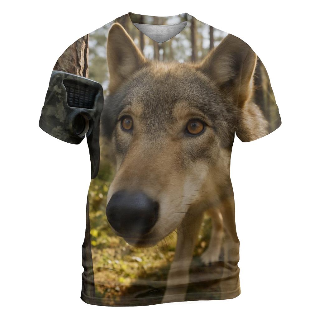 Wolf Inspecting Camera Trap In Pine Forest vibrant all-over design tees