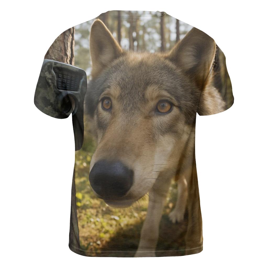 Wolf Inspecting Camera Trap In Pine Forest vibrant all-over design tees
