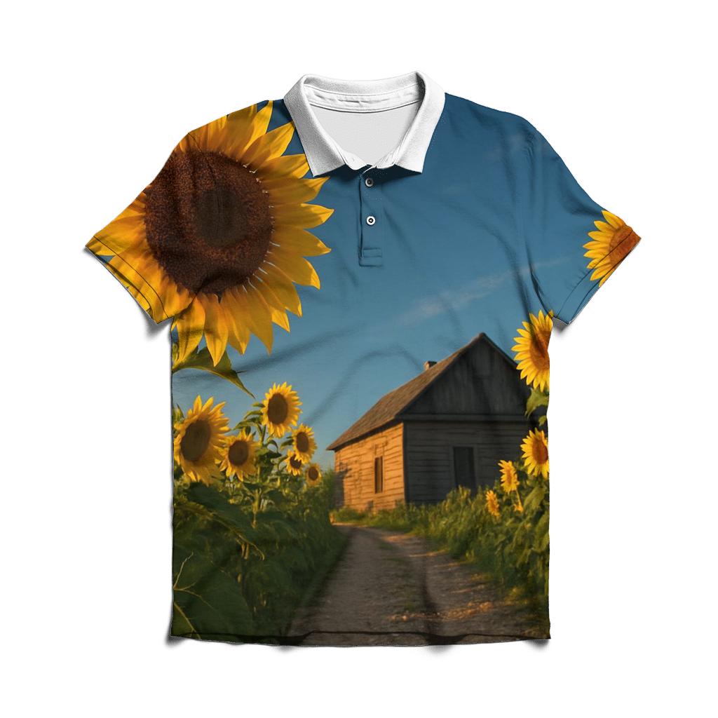 Sunflowers Guarding A Rustic Farmhouse stylish collar polo tees