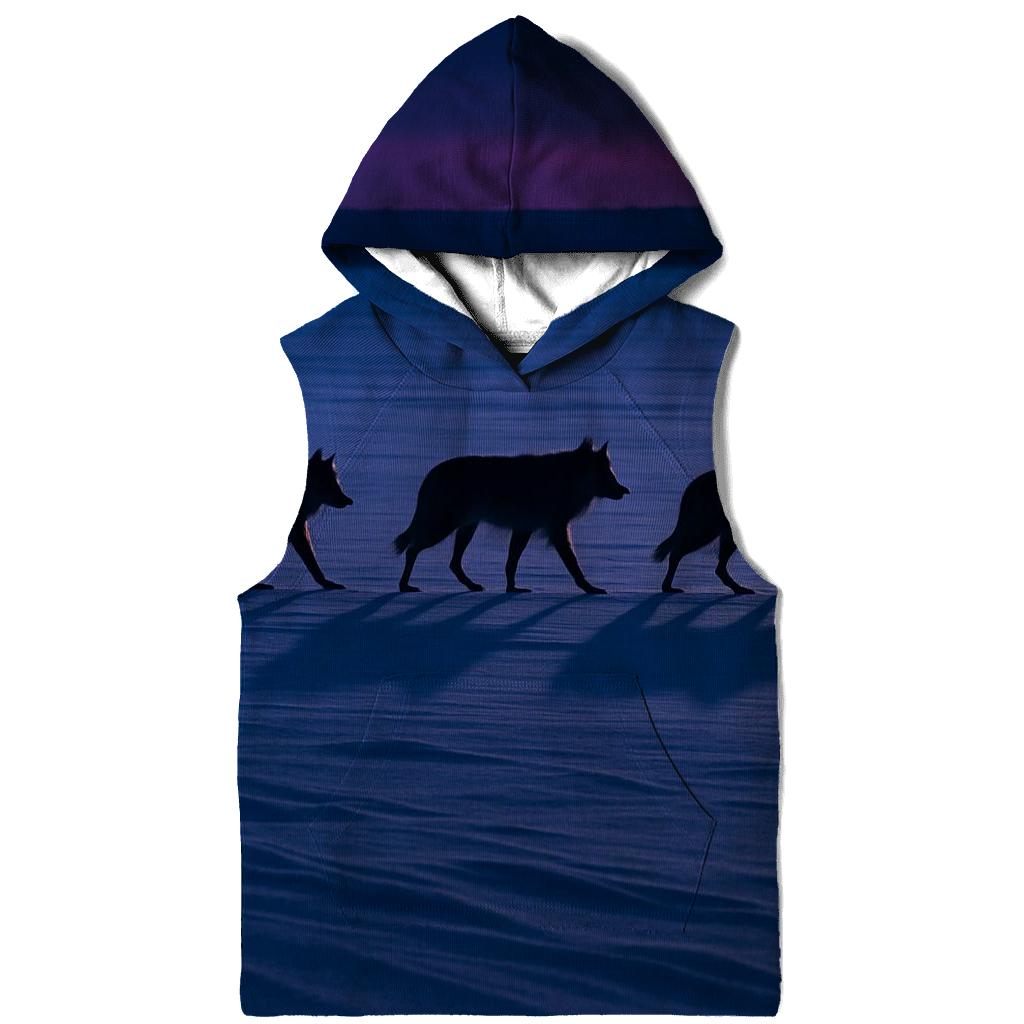 Wolf Pack Crossing Frozen Lake At Blue Hour embroidered hoodies