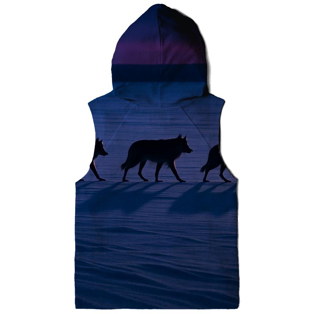 Wolf Pack Crossing Frozen Lake At Blue Hour embroidered hoodies