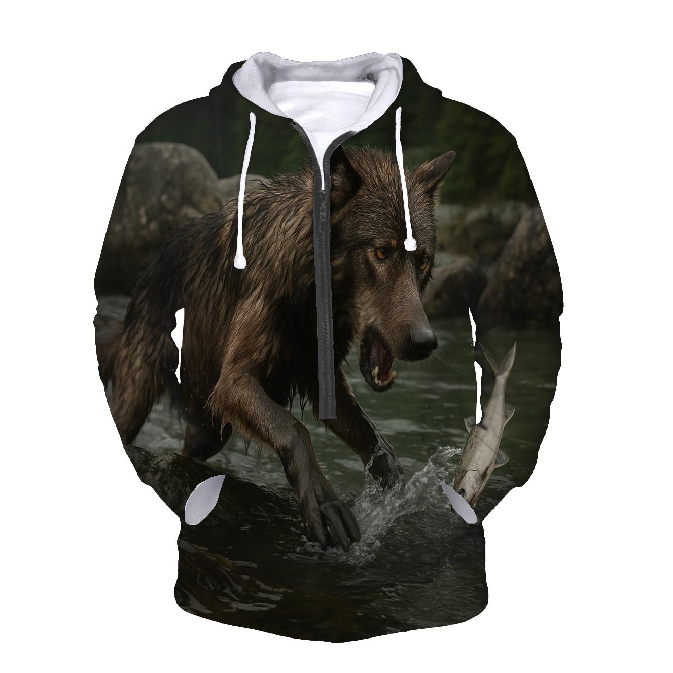 Coastal Wolf Fishing In Kelp Line heavyweight hoodies