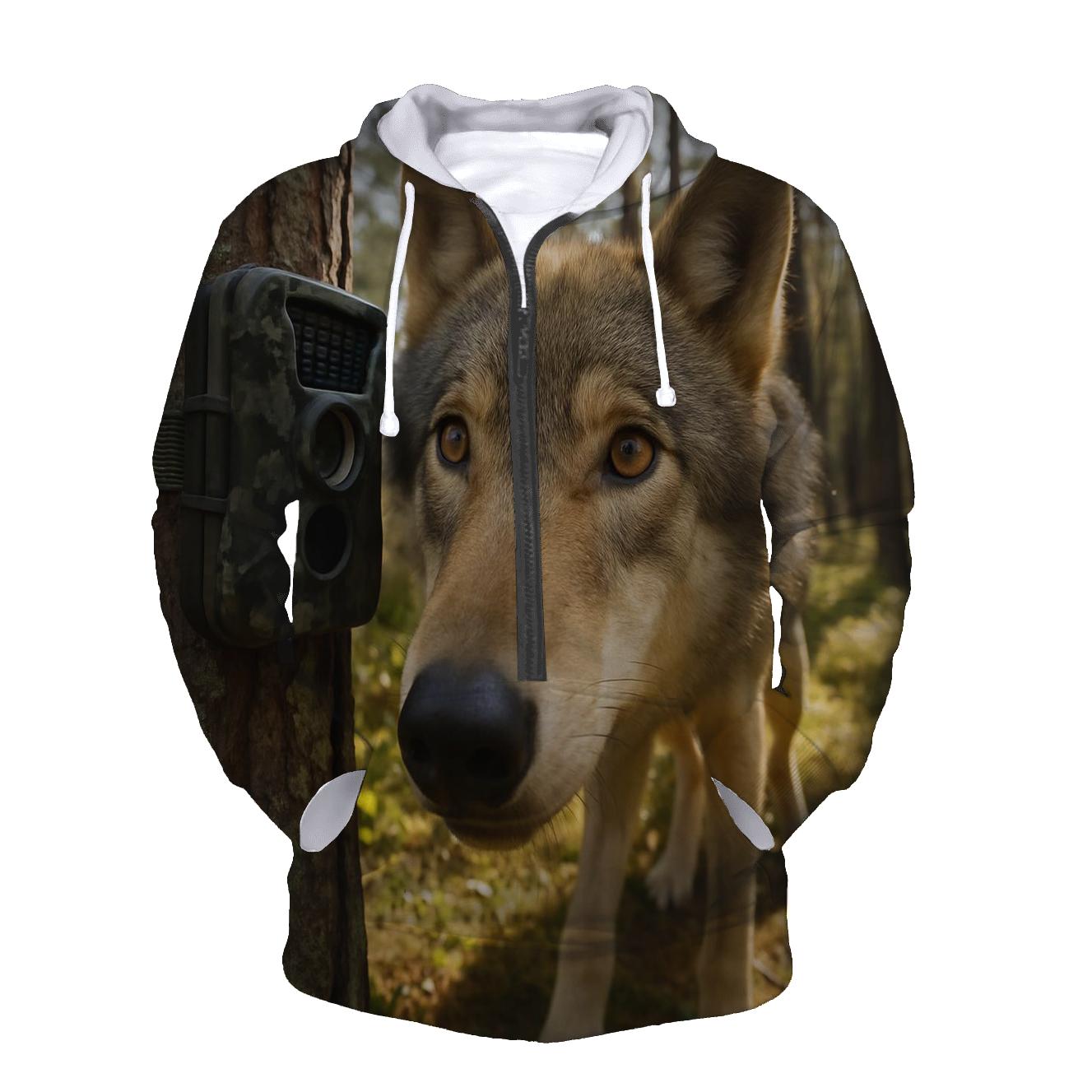 Wolf Inspecting Camera Trap In Pine Forest printed hoodies