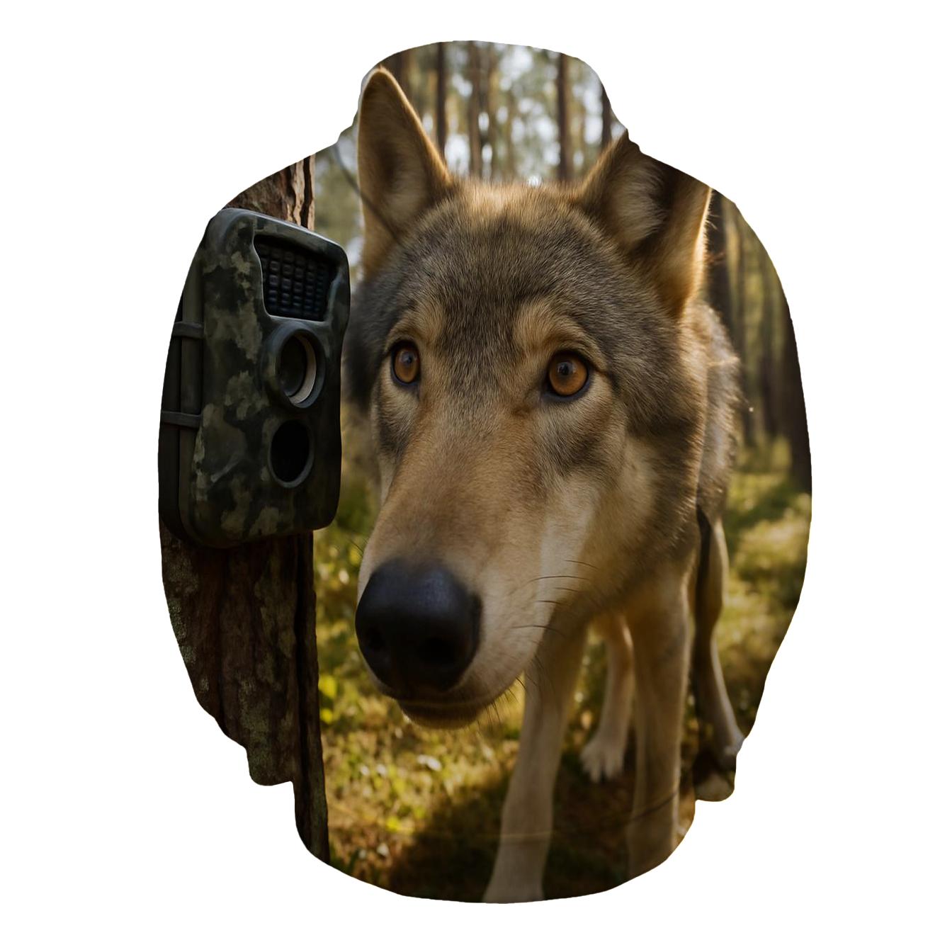 Wolf Inspecting Camera Trap In Pine Forest printed hoodies