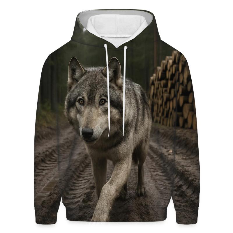Timber Wolf Pausing At Logging Road Edge premium hoodies