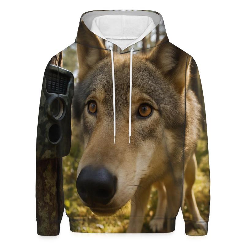Wolf Inspecting Camera Trap In Pine Forest printed hoodies
