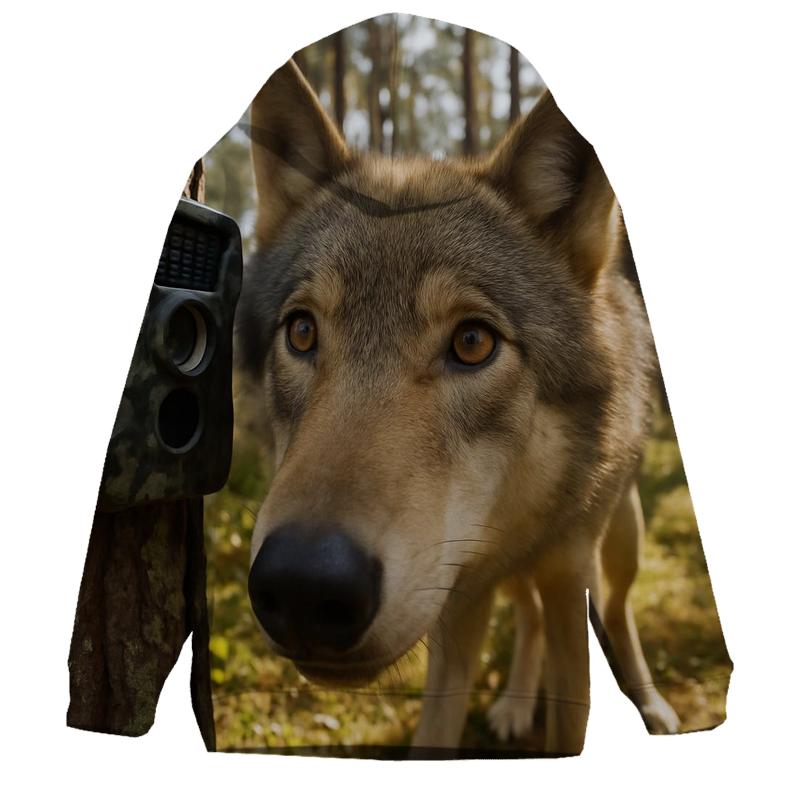 Wolf Inspecting Camera Trap In Pine Forest printed hoodies