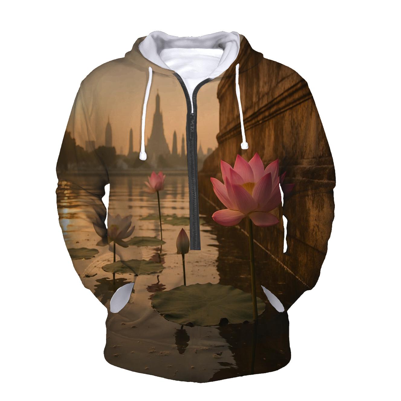Lotus Reflections In Urban Temple Pond custom hoodies