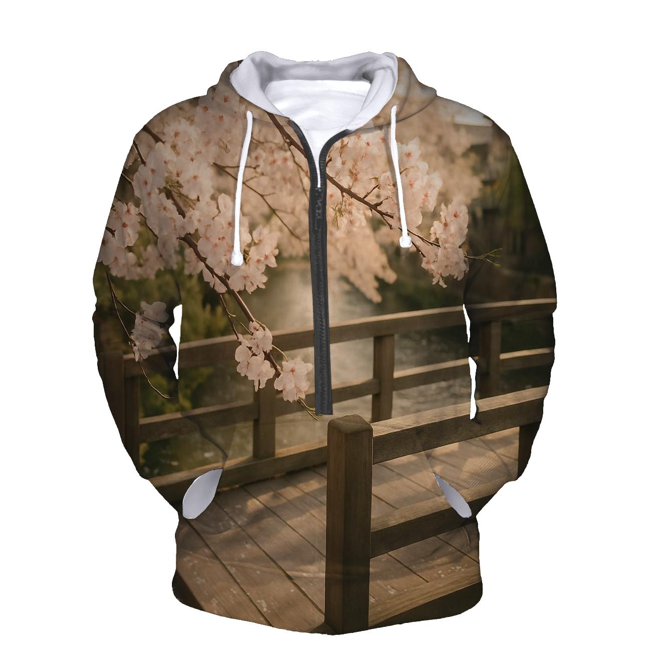 Cherry Blossoms Framing Old Wooden Bridge embroidered hoodies