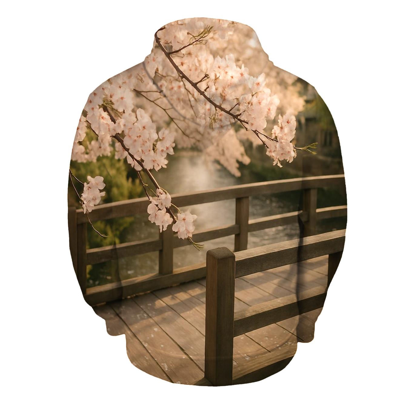 Cherry Blossoms Framing Old Wooden Bridge embroidered hoodies