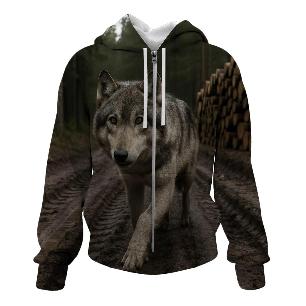 Timber Wolf Pausing At Logging Road Edge hoodie designs
