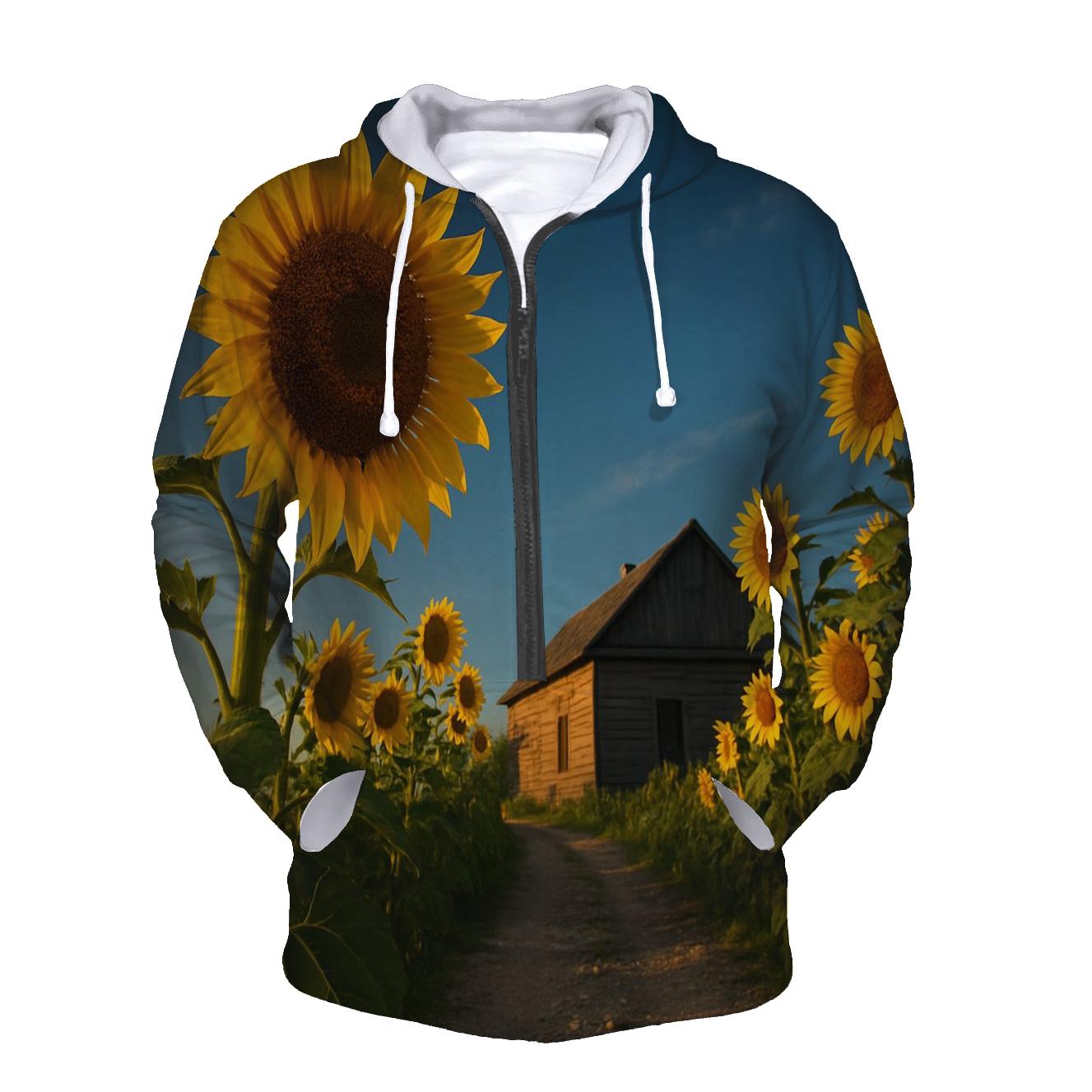 Sunflowers Guarding A Rustic Farmhouse heavyweight hoodies